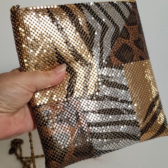 VINTAGE 70s Disco Gold Metal Mesh Bag Chain Crossbody Animal Print Retro Groovy - Picture 13 of 13